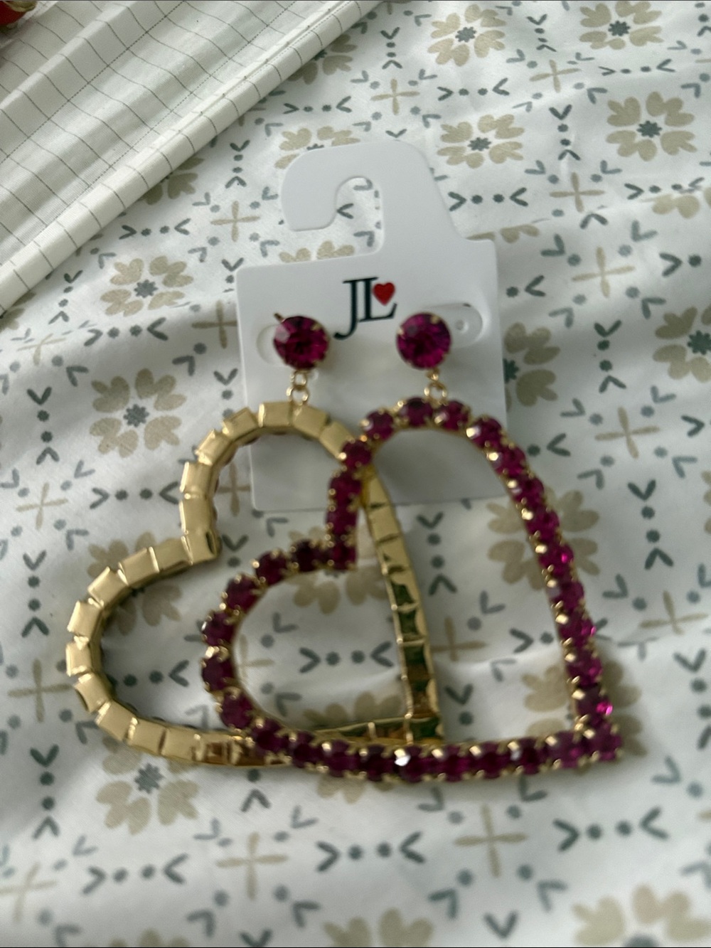 Gold-Tone Heart Drop Earrings with Pink Stones